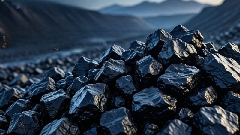 A imagem &eacute; de IA e representa o carv&atilde;o mineral, que est&aacute; todo amontoado de lado com &ecirc;nfase no carv&atilde;o e a estrada parece toda minerada de carv&atilde;o.