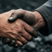 Imagem ilustrativa mostra um aperto de m&atilde;o entre duas pessoas. Uma delas est&aacute; com a m&atilde;o bem suja de carv&atilde;o mostrando a categoria de mineiros que simbolizam o carv&atilde;o mineral 